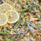 close up of lemon pasta with asparagus