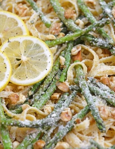 close up of lemon pasta with asparagus