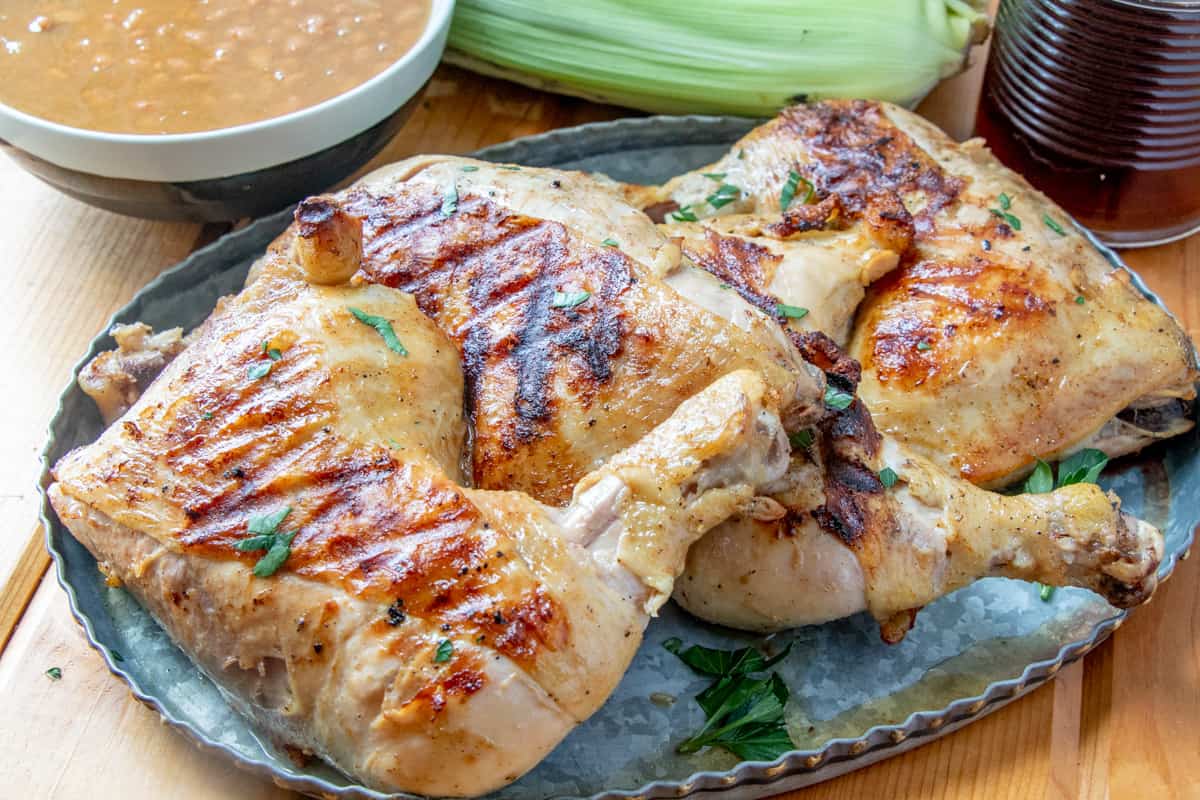 Fireman chicken on a tray with baked beans