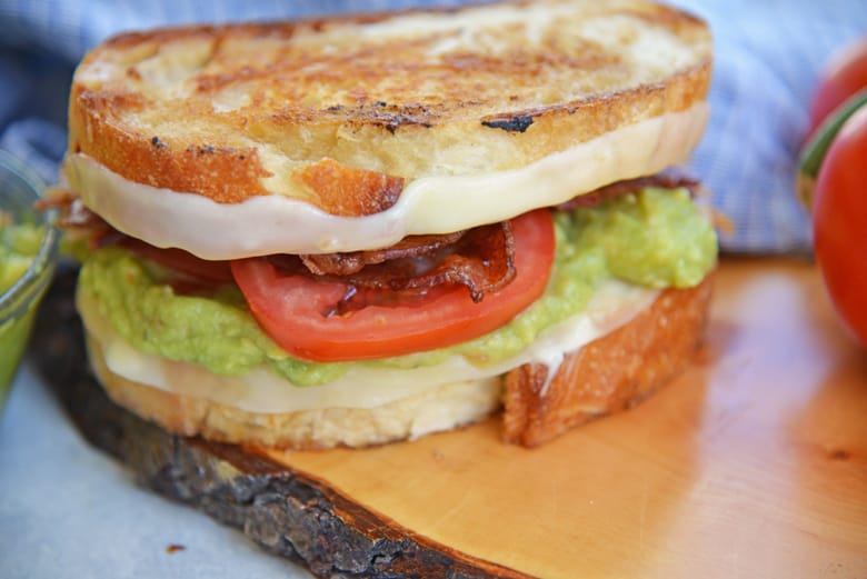 Side view of a guacamole grilled cheese sandwich 