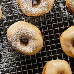 overhead shot of maple glazed donuts