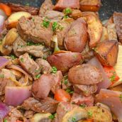 steak stir fry in a skillet