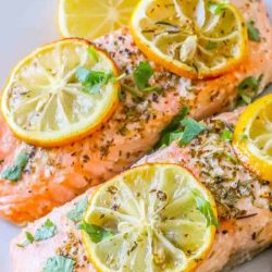 salmon filets topped with lemon slices