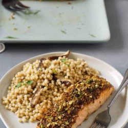 air fryer salmon on a plate with rice