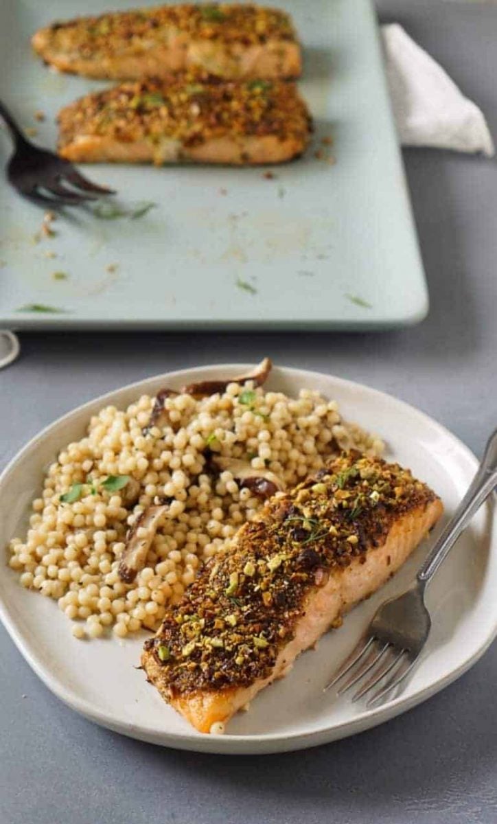 Air fryer pistachio crusted salmon with couscous