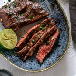 overhead shot of sliced air fryer steak