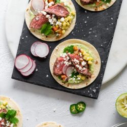 overhead shot of air fryer steak tacos