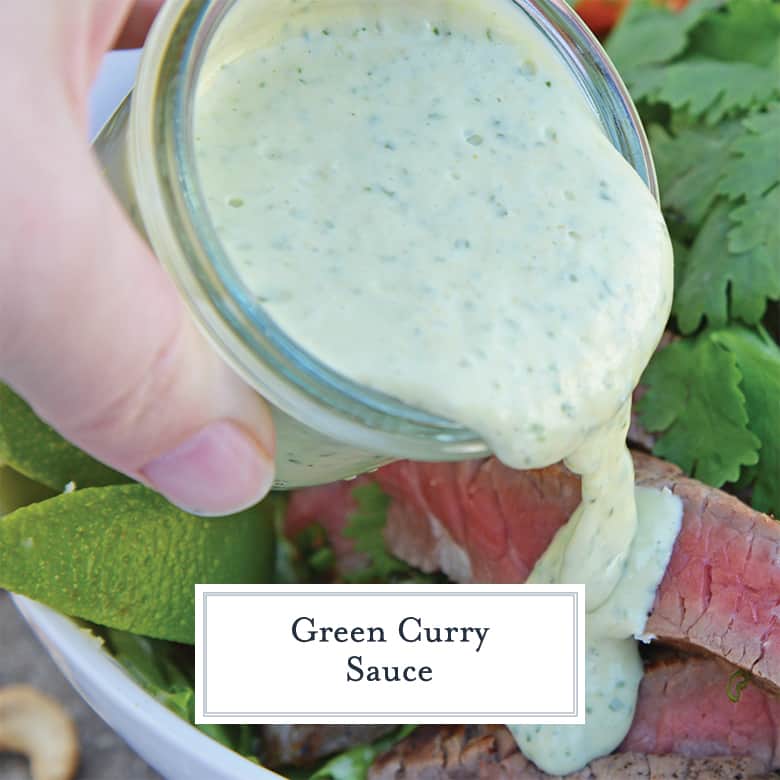 Green Curry Sauce pouring over beef 