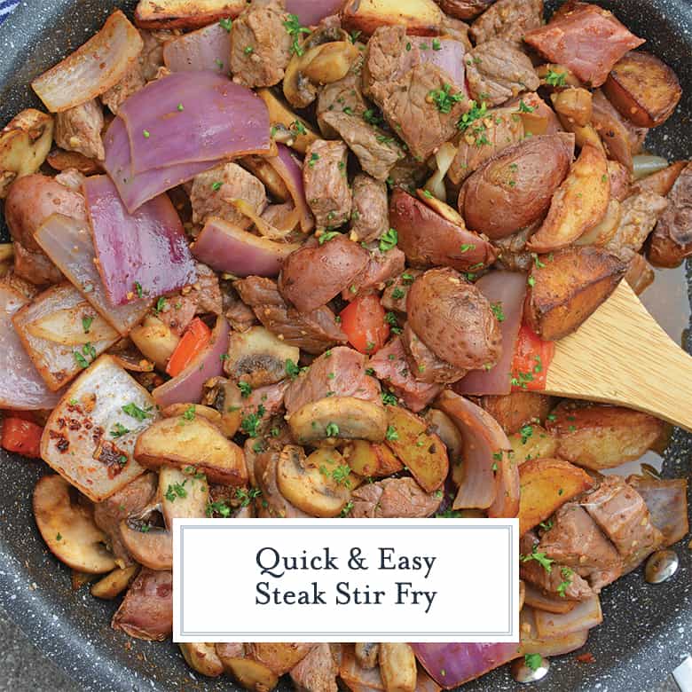 Steak stir fried with potatoes, mushrooms and onions 