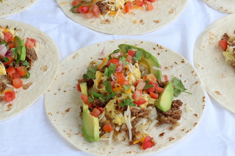 Close up of completed breakfast burrito 