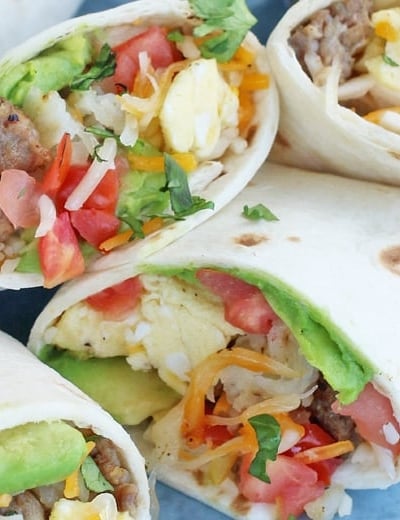 A close up of breakfast burrito