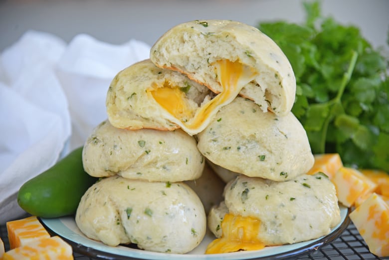 Plate of spicy bread stuffed with colby jack cheese 