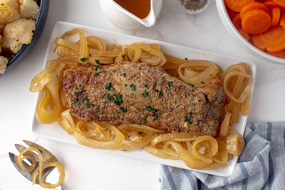 overhead pork loin plated on a serving platter