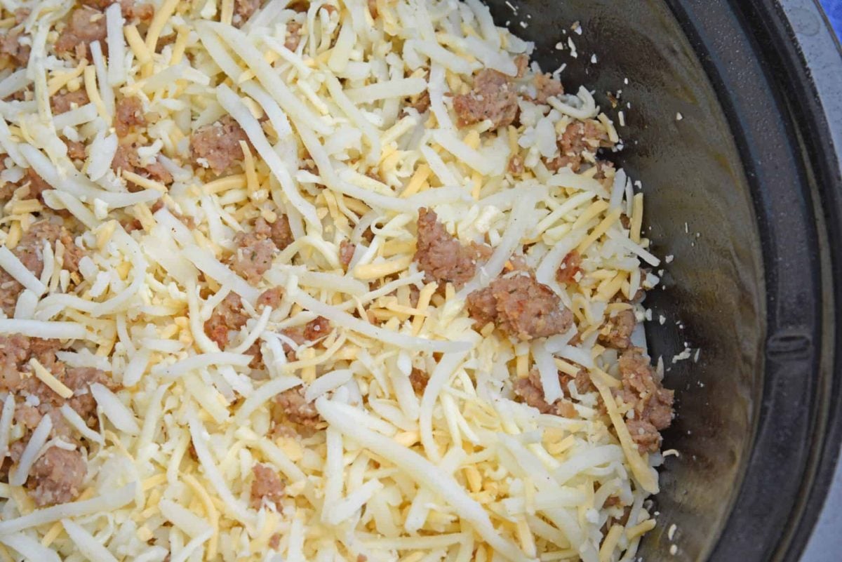 hash browns, sausage and cheese in a slow cooker