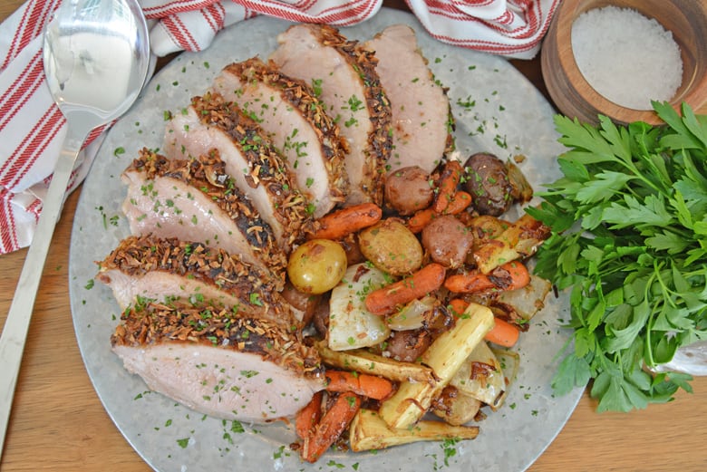 Pork loin on a serving platter 