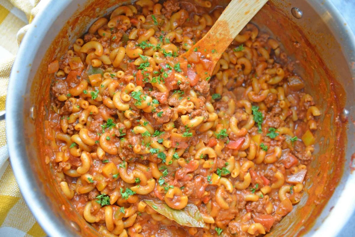 Overhead of goulash in a large pot 