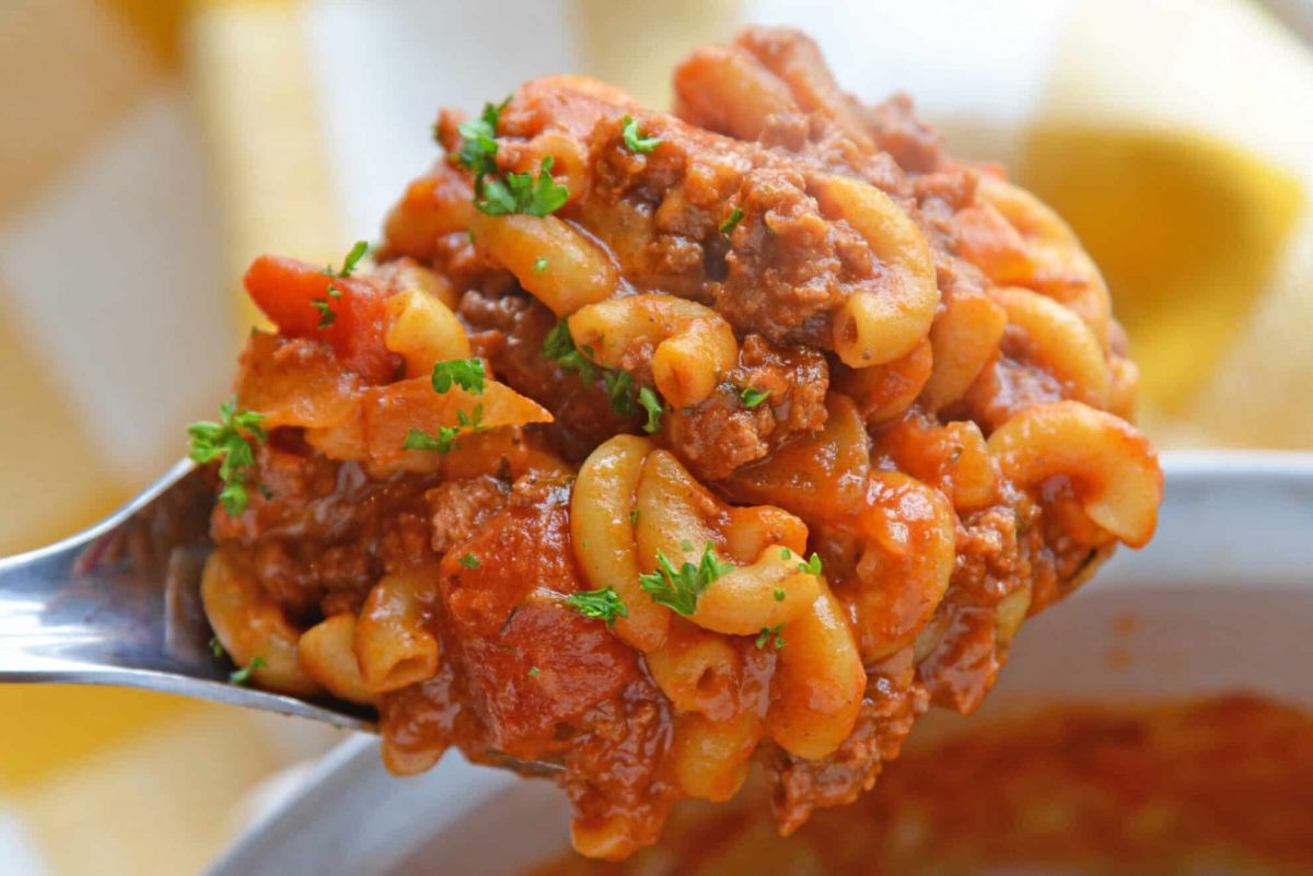 Spoon of beef goulash 