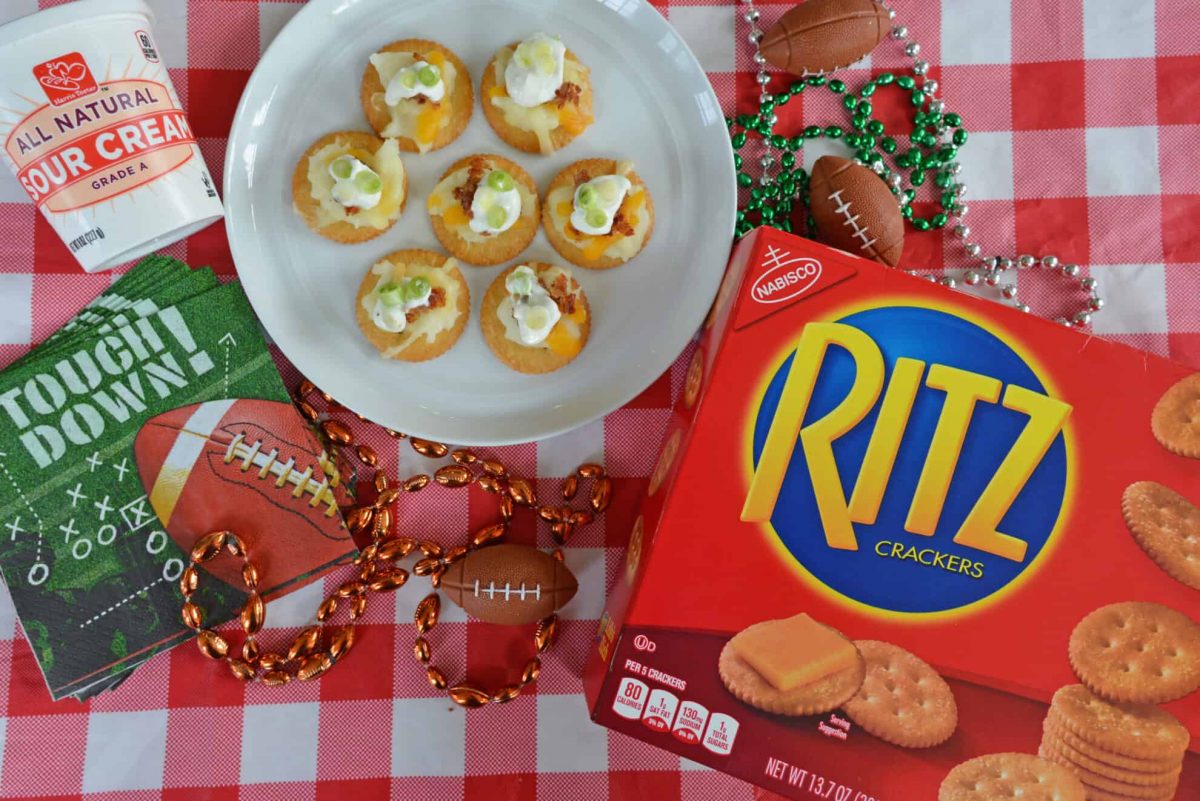 Overhead shot of RITZ box with plated RITZ crackers topped with loaded mashed potatoes 