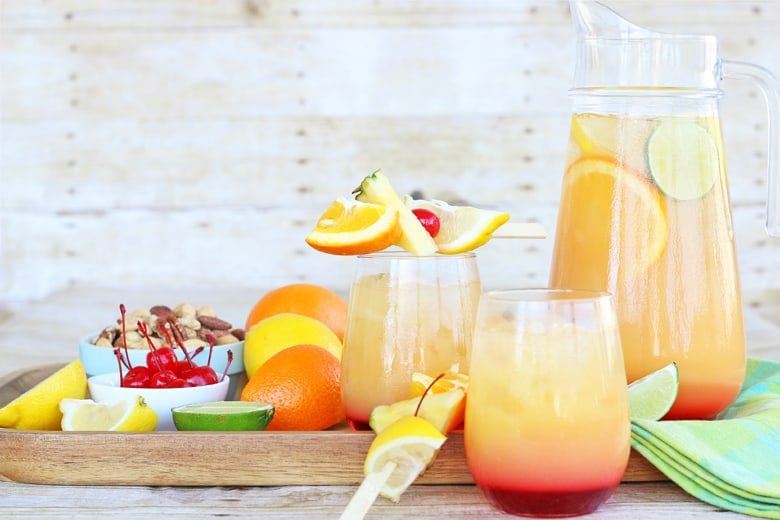 Serving platter with rum punch and fresh fruit 