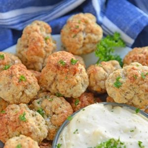 plate of sausage balls with dipping sauce