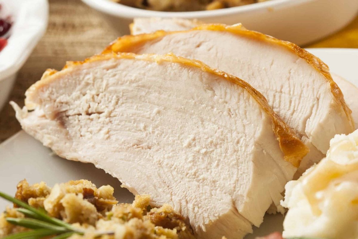 Close up of sliced turkey for dinner on a white plate