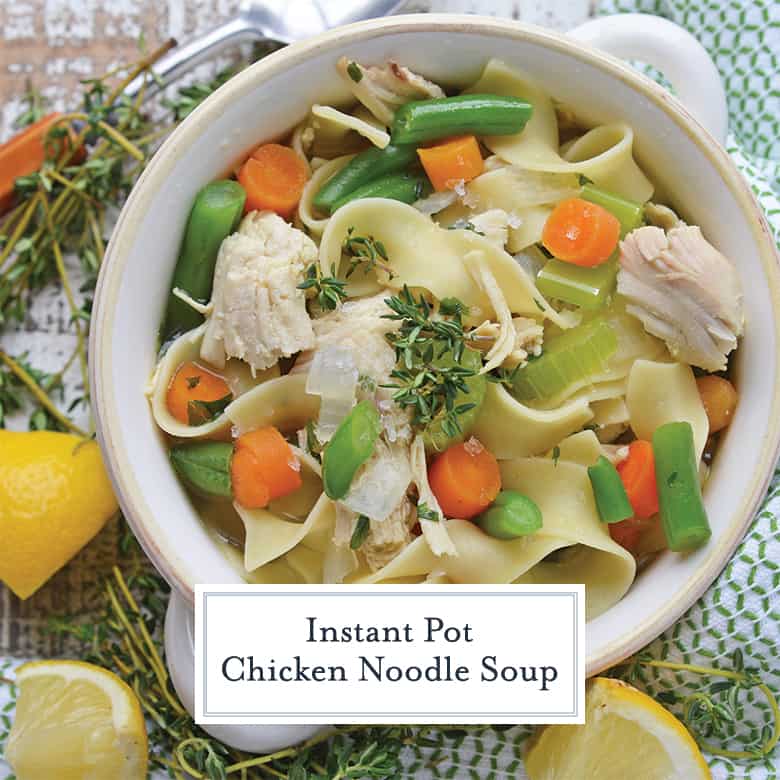 Overhead shot of chicken noodle soup with celery, carrots and green beans 