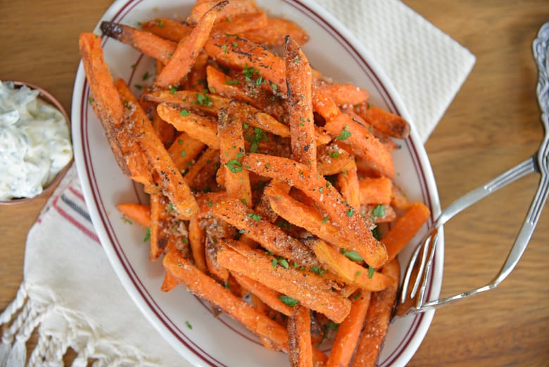 Serving plate of seasoned sweet potato fries 