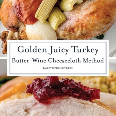 collage of golden turkey with sliced turkey and cranberry topping