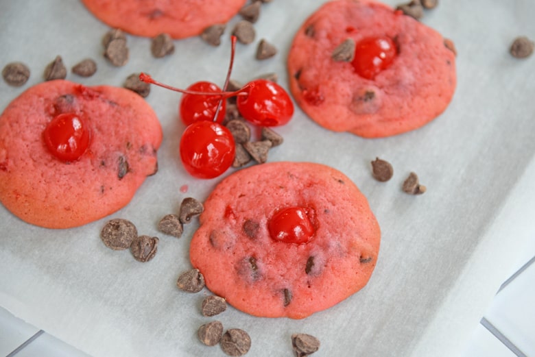 Cherry Chocolate Chip Cookies on a baking sheet 