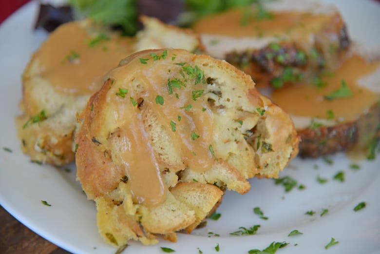 Slice of herb stuffing with turkey gravy 