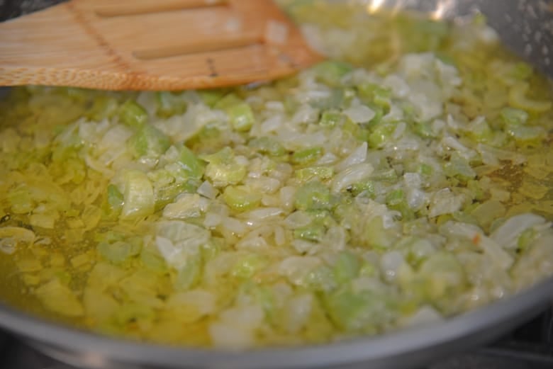 Celery and onion simmering in butter