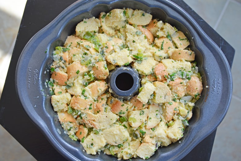 Raw herb stuffing in a bundt pan 