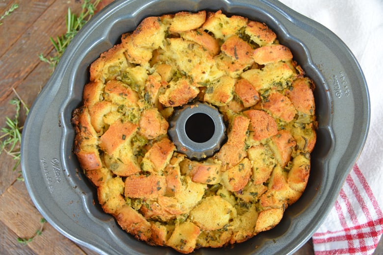Thanksgiving stuffing in a bundt pan 