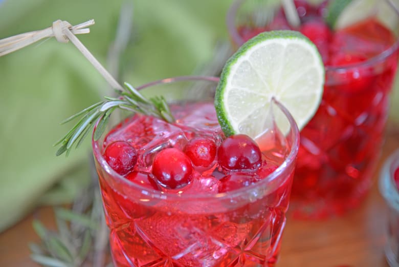 Cocktail glass with fresh cranberries, rosemary and  lime slice 