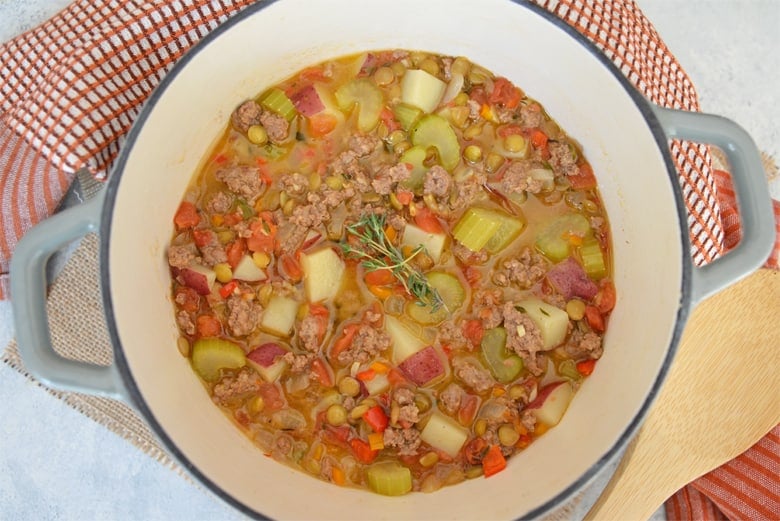 Overhead of lamb stew in an enameled pot 