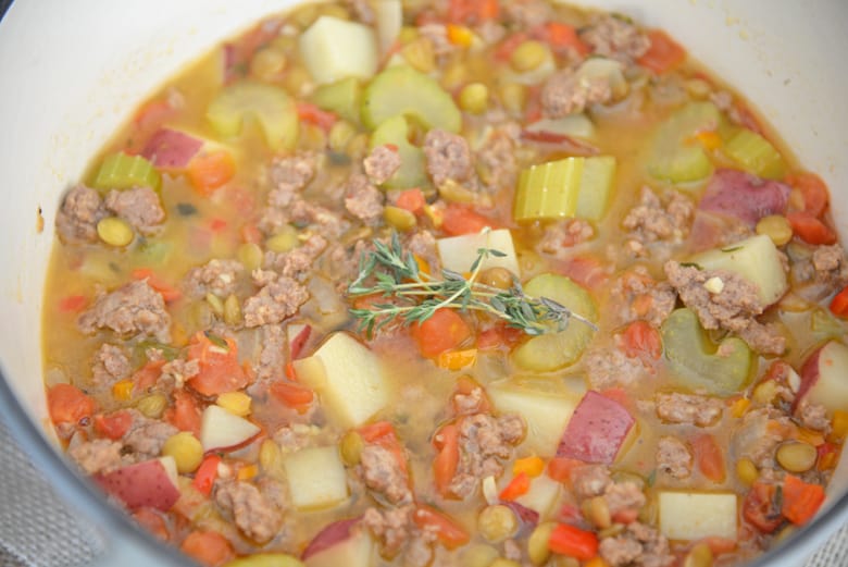 Ground lamb stew with celery, potatoes, carrots and thyme 