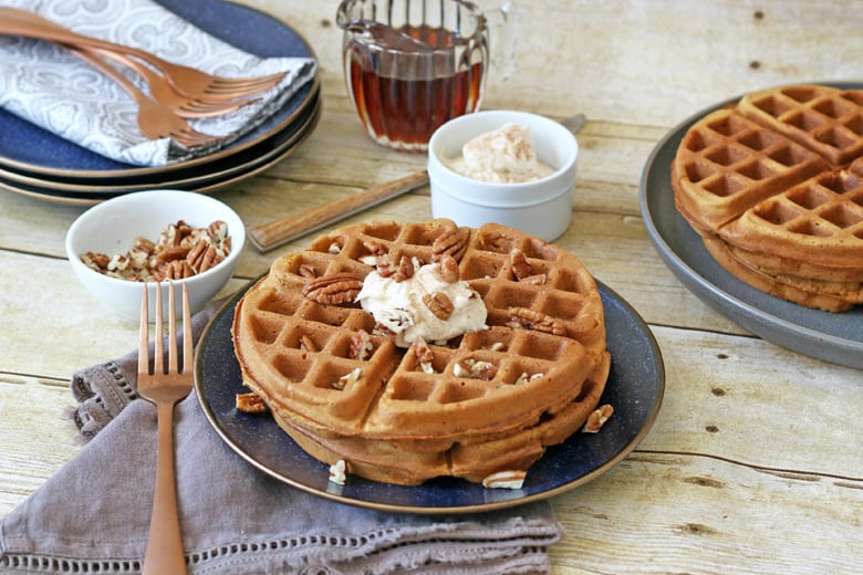 Pumpkin Waffles being served on a blue dish 