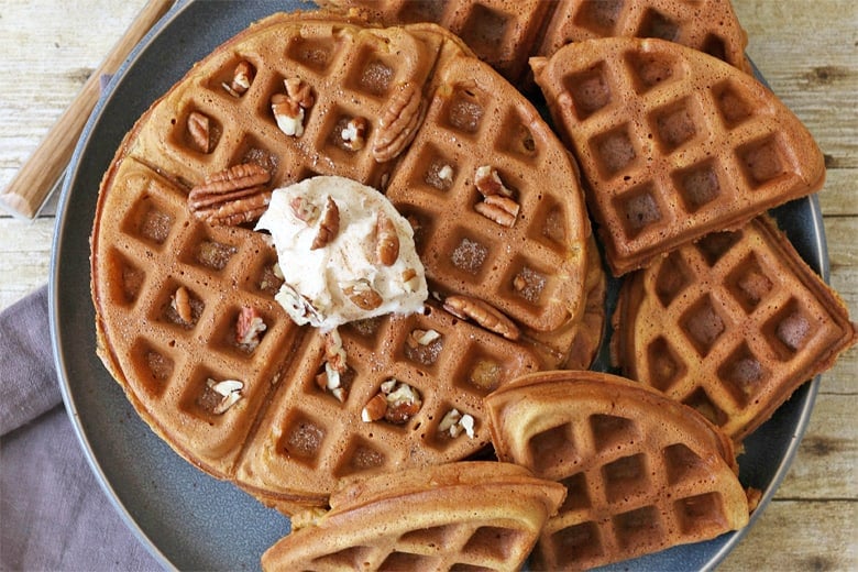 overhead of pumpkin waffles