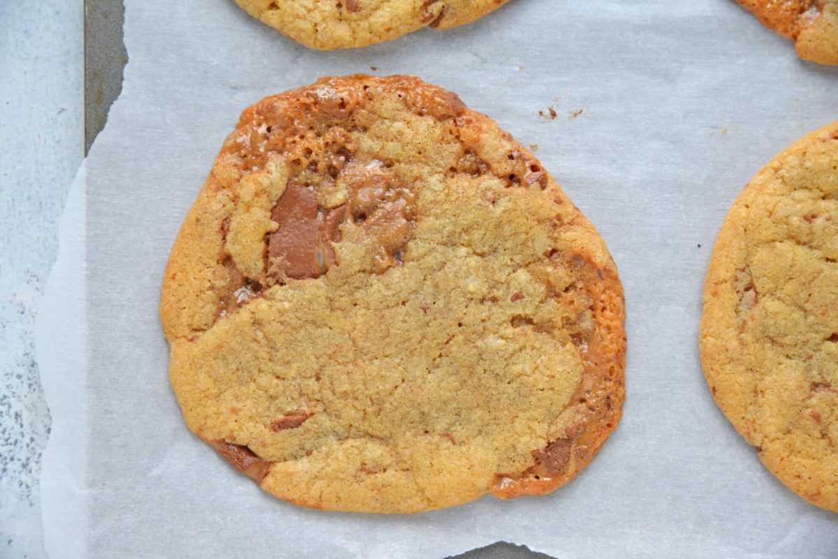 Overhead of a rolo cookie on parchment paper 