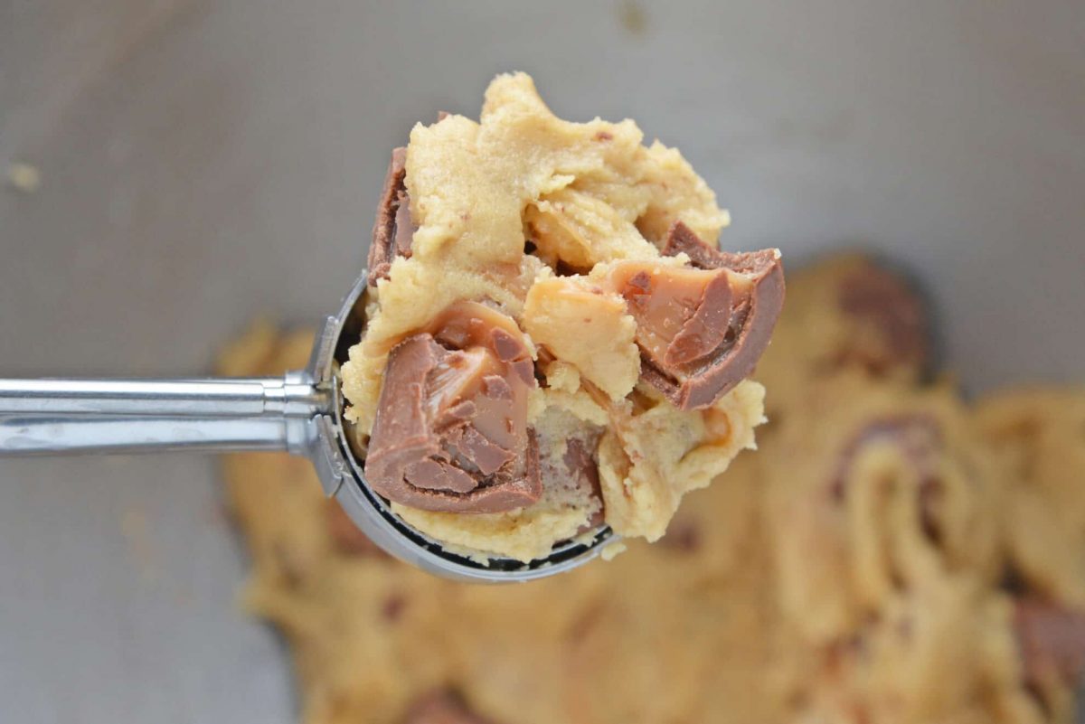 Scoop of cookie dough with rolo candy 