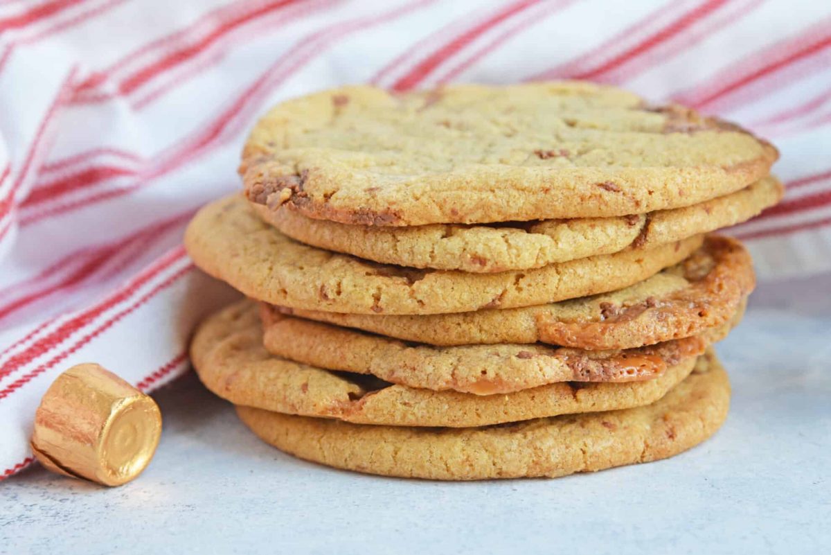 Stack of rolo cookies with a rolo candy 