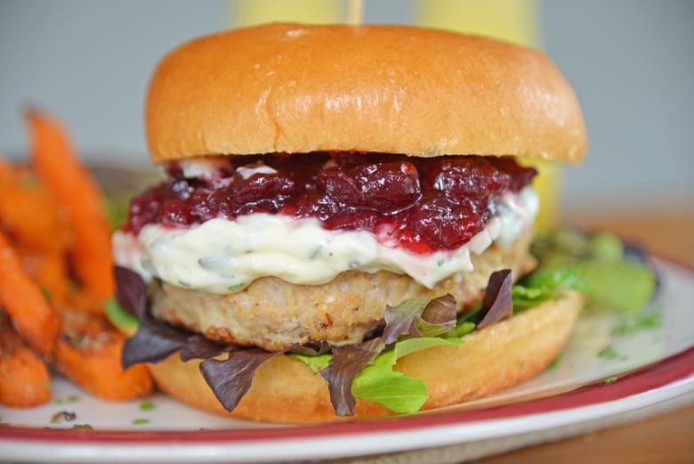 Close up of Thanksgiving Turkey Burger from the side 