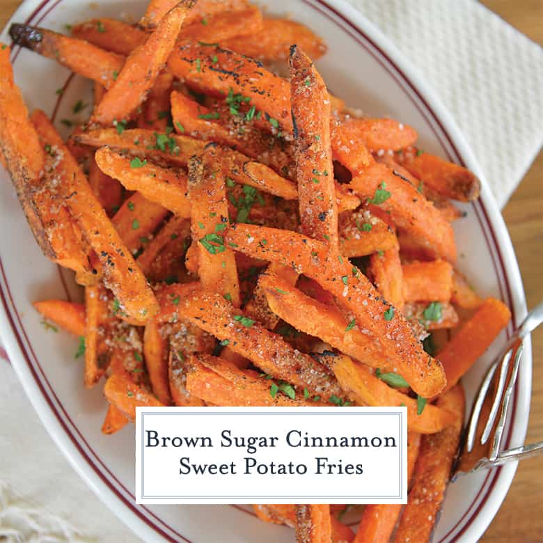 Close up of sweet potato fries with cinnamon sugar topping 