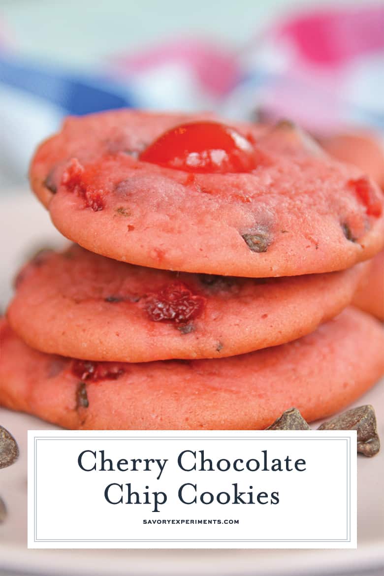 Close up of stacked cherry chocolate chip cookies with text overlay 