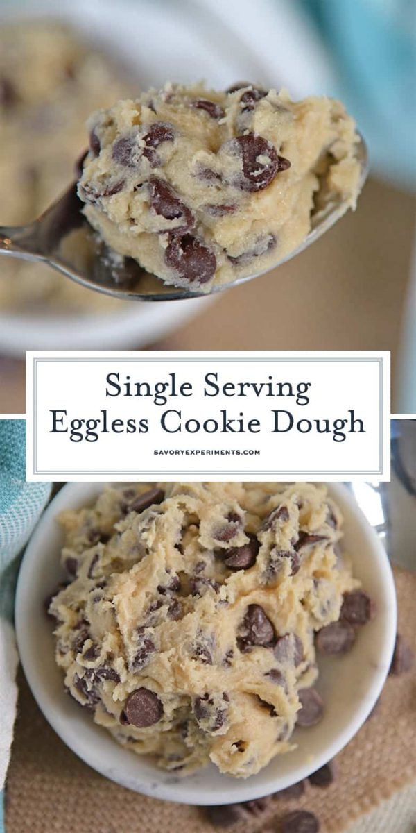 EGGLESS COOKIE DOUGH is a Single Serving Chocolate Chip Cookie Dough recipe that makes just enough for one person. Great for a cozy night on the couch or after a long, stressful day. #egglesscookiedough #singleservingcookiedough www.savoryexperiments.com