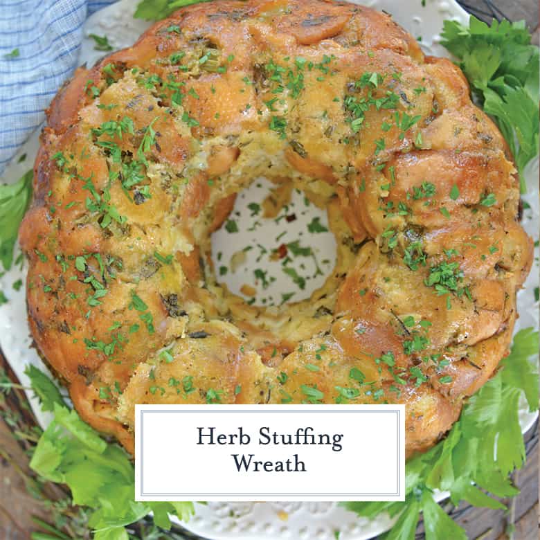 Overhead of herb stuffing wreath with chopped parsley and celery leaves