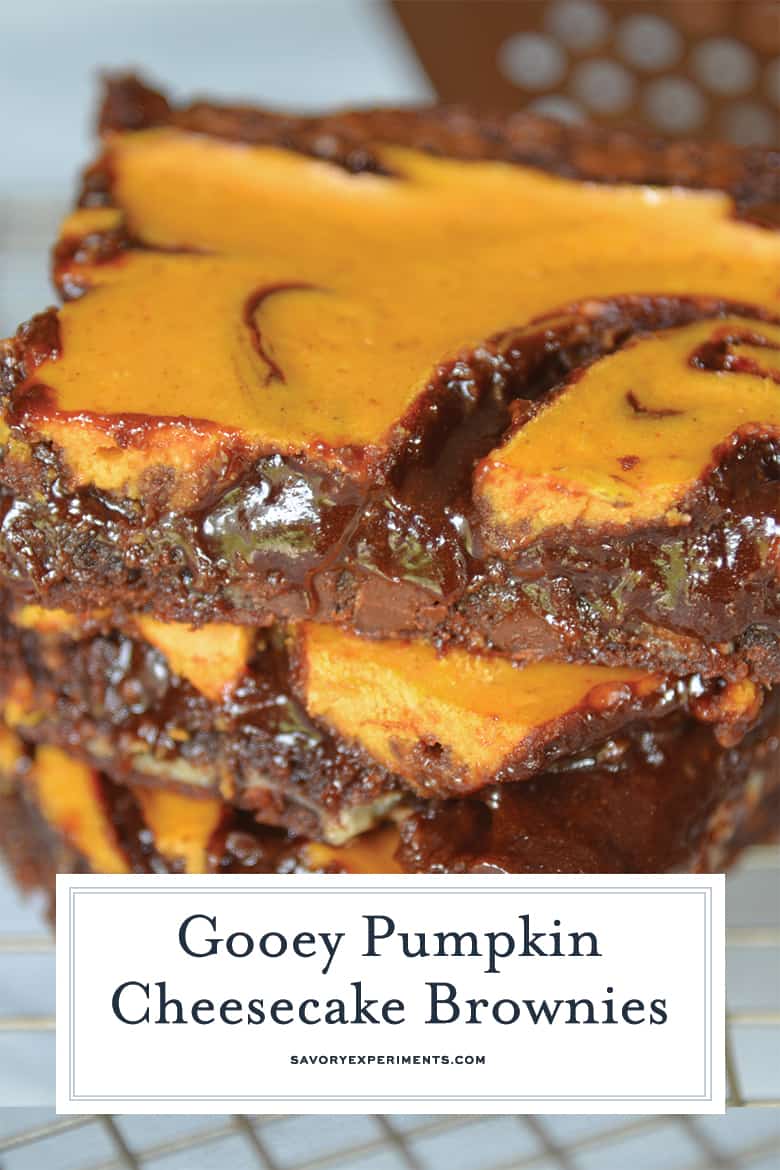 Close up of gooey pumpkin cheesecake brownies for pinterest 