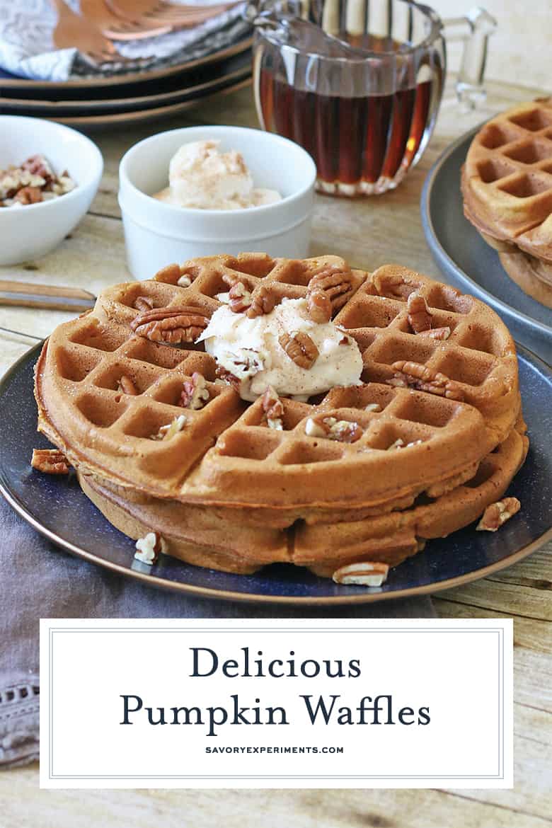 Stack of pumpkin waffles with butter and walnuts