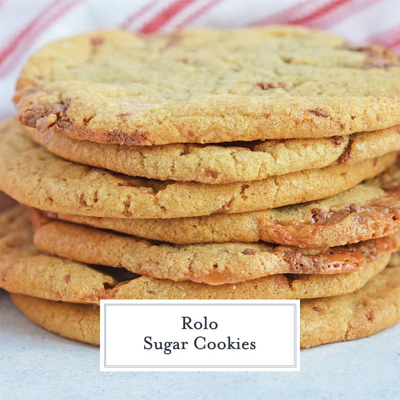 Stack of Rolo Sugar Cookies in front of a red and white striped napkin 