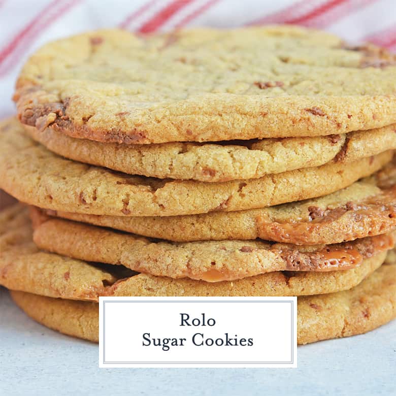 Stack of Rolo Sugar Cookies in front of a red and white striped napkin